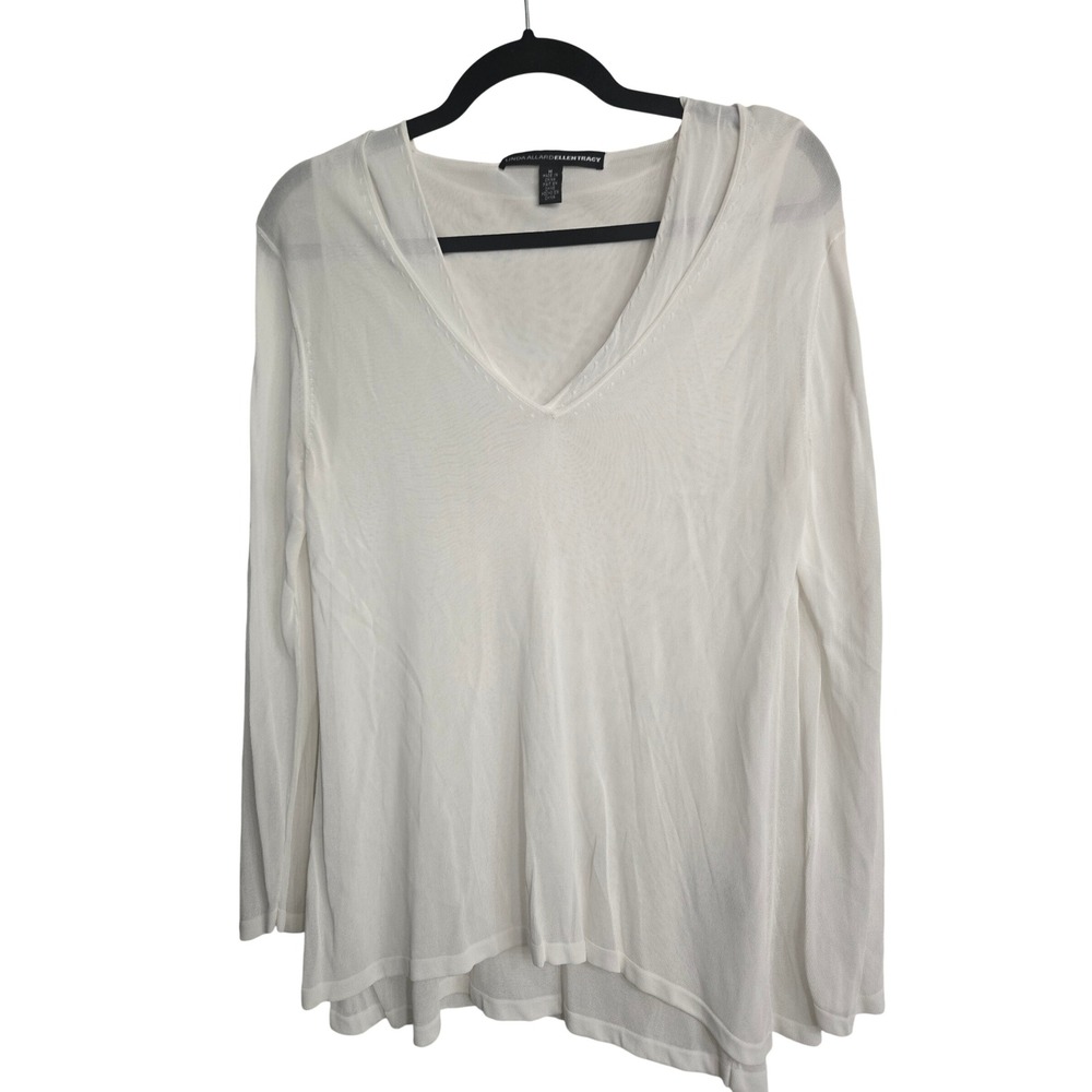 Linda Allard Ellen Tracy White V-Neck Long Sleeve Viscose Top Size M